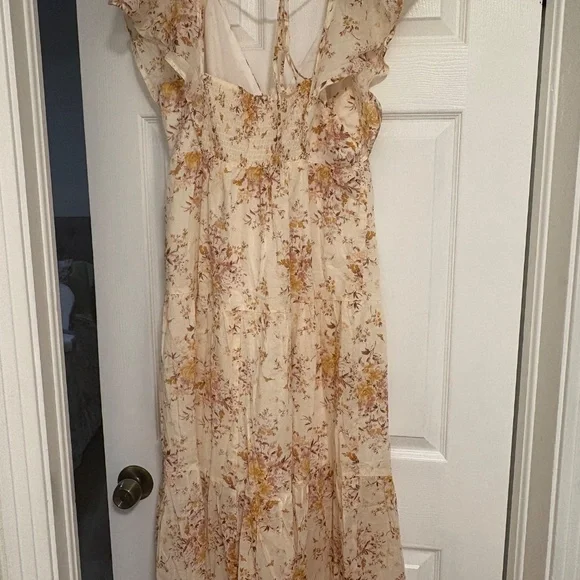 Pink Blush Peach Floral Flutter Sleeve Tiered Maternity Maxi Dress - Picture 3 of 5